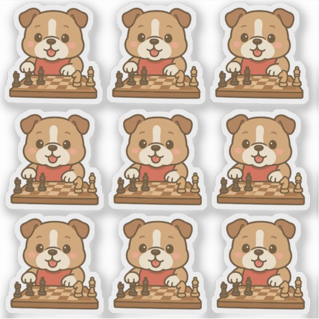 A Set of 6 Kawaii Cartoon Bulldog Playing Chess (Front)