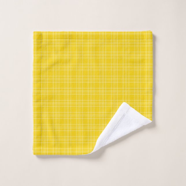 A set of bright yellow plaid towels on a silver  (Wash Cloth)