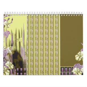 A set of four diverse floral motifs against a rich calendar