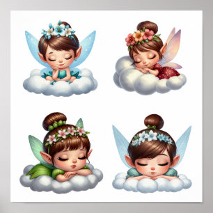 A set of magical little cartoon Fairies sleeping   Poster