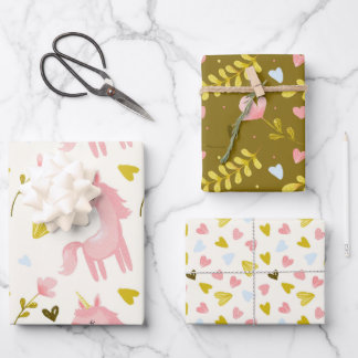 A set of patterns with unicorns wrapping paper sheet