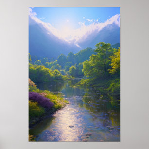 A Shallow River in the Heart of a Green Forest Poster