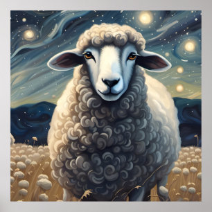 A Sheep in The Starry Night Poster