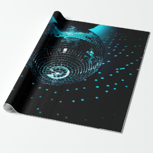 A shiny disco ball hangs on a black background in wrapping paper