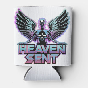 A shiny, metallic angel with wings, Y2K design Can Cooler