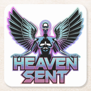 A shiny, metallic angel with wings, Y2K design Square Paper Coaster