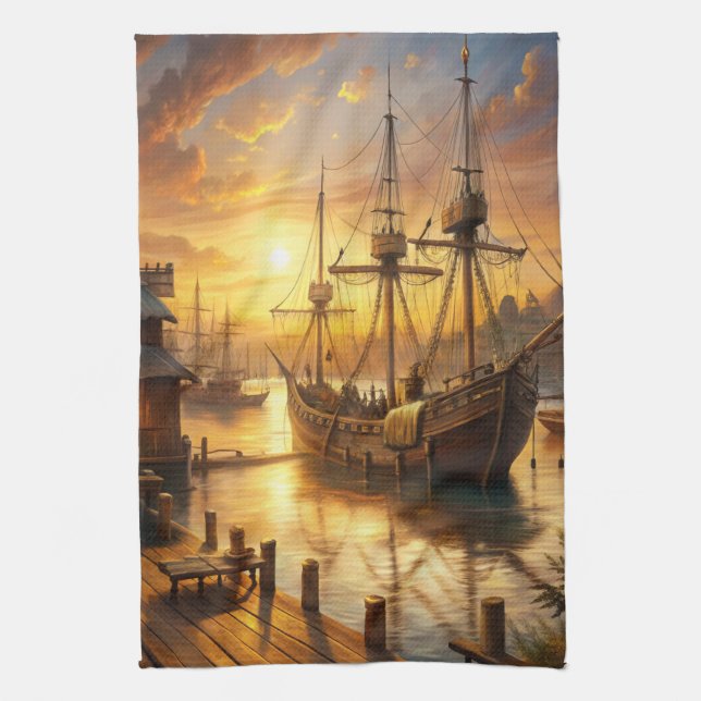 A Ship at the Docks Tea Towel (Vertical)
