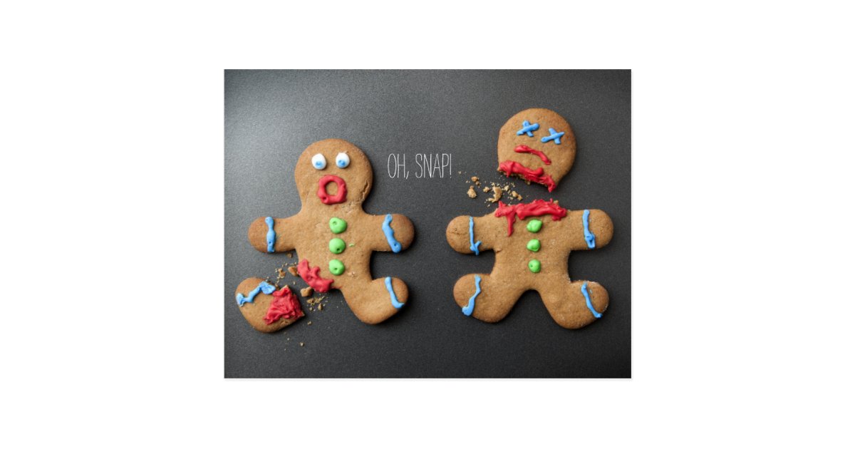 A shocked gingerbread man with broken leg postcard Zazzle.co.uk