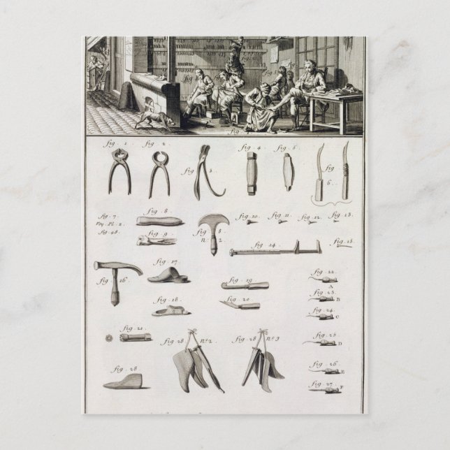 A shoe and bootmaker and their tools, from the 'En Postcard (Front)