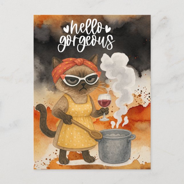 A siamese cat is drinking wine Greeting Hello Postcard (Front)
