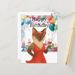 A siamese cat is drinking wine Happy Birthday Postcard