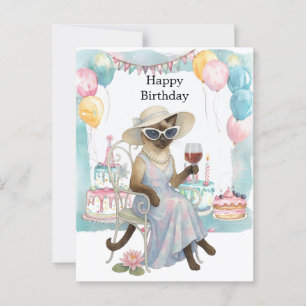 A siamese cat is drinking wine Happy Birthday  Postcard