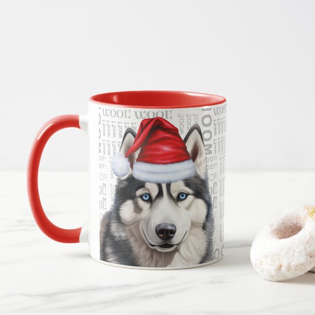 A Siberian Husky Dog on Woof Background Mug (With Donut)