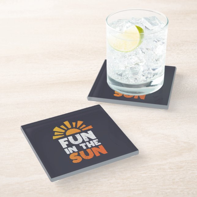 A sign that says fun on the sun glass coaster (Angled)