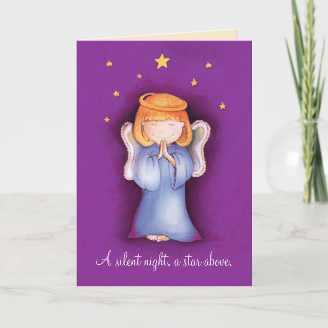 A silent night christmas angel purple pray holiday card (Front)