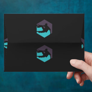 a silhouette of a man holding a surfboard envelope