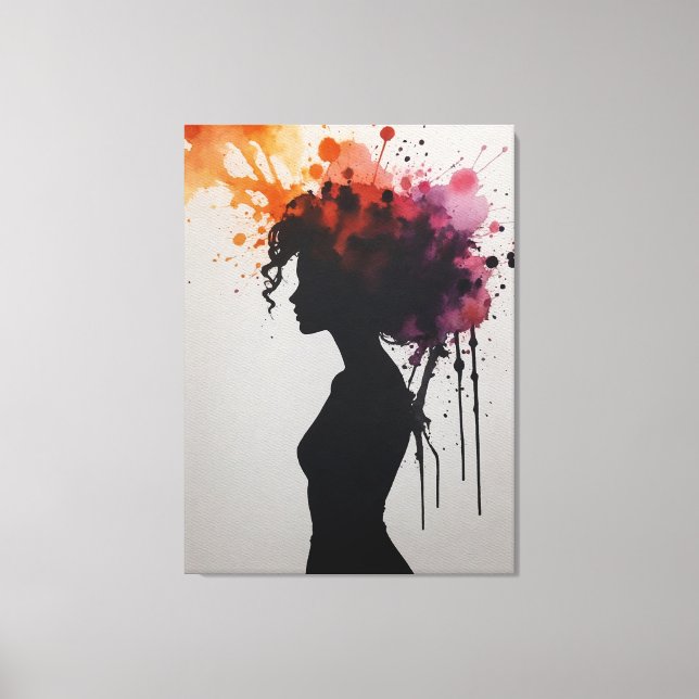 a silhouette of a woman with colourful paint splat canvas print (Front)