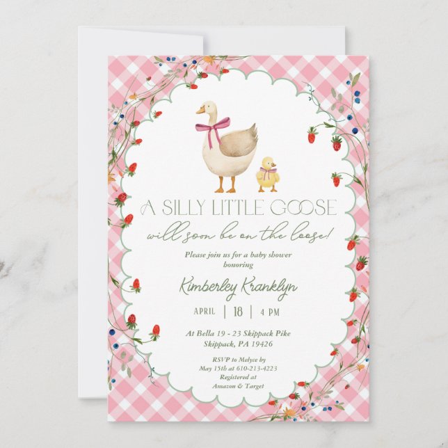A Silly Little Goose Pink Gingham Girl Baby Shower Invitation (Front)