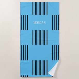 A Simple Design of Black Lines on Blue with Name Beach Towel