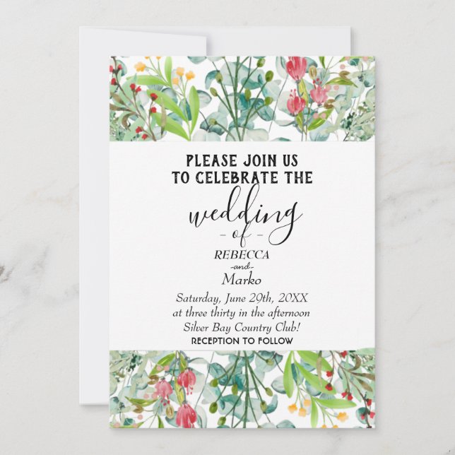 A simple white eucalyptus invitation for your spec (Front)