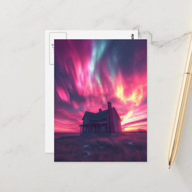 A single house with the pink northern sky postcard (Front/Back In Situ)