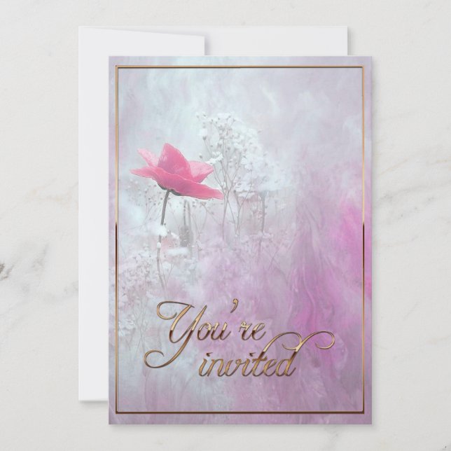 A Single Pink Rose/Gold Trim Invitation (Front)