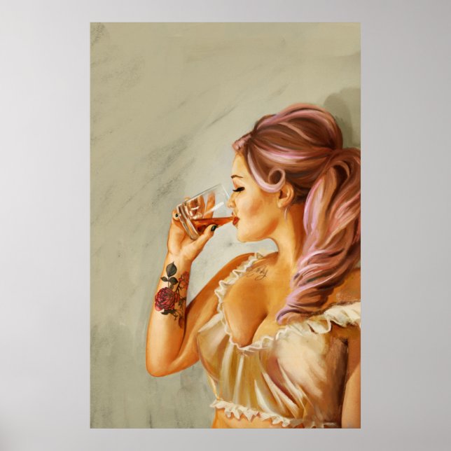"A Sip Of Whiskey" Pretty Pinup Girl Drinking Poster (Front)
