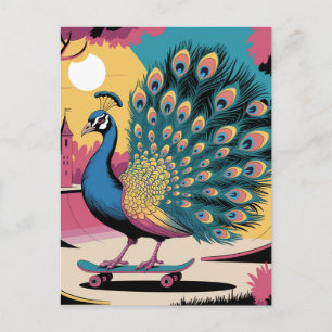 A Skateboarding Peacock Postcard