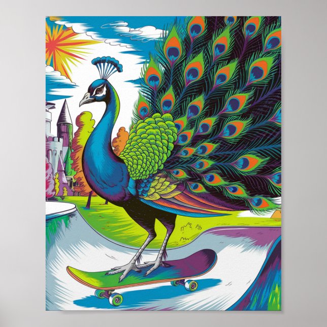 A Skateboarding Peacock Poster (Front)