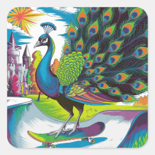 A Skateboarding Peacock Square Sticker