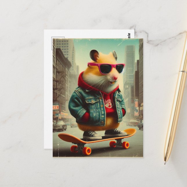A Skateboarding Punk Hamster in the City Retro  Postcard (Front/Back In Situ)