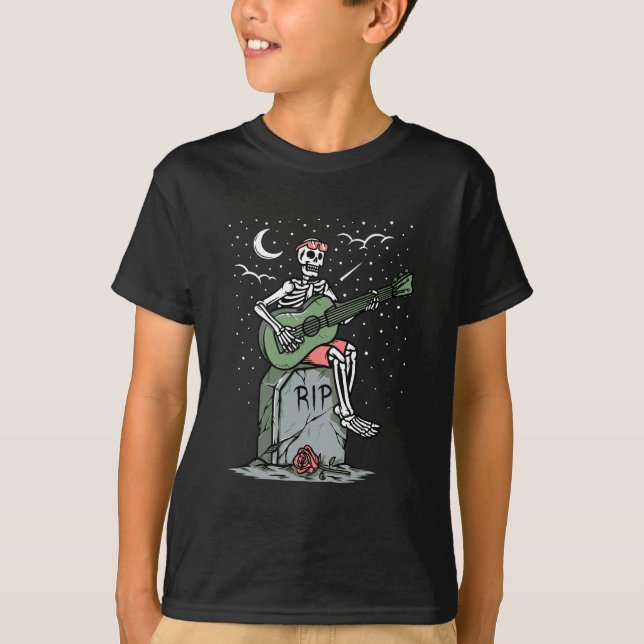 A skeleton playing guitar on a grave T-Shirt (Front)