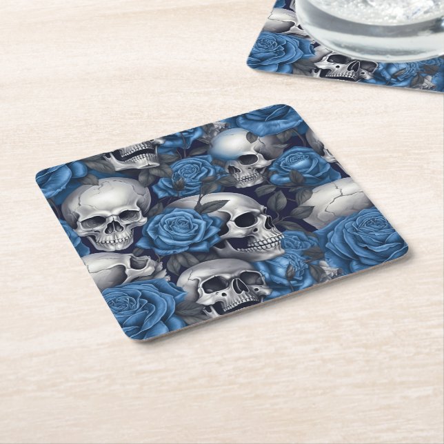 A Skull and Roses Series Design 12 Square Paper Coaster (Angled)