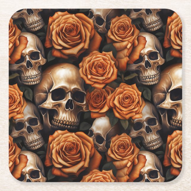 A Skull and Roses Series Design 9 Square Paper Coaster (Front)