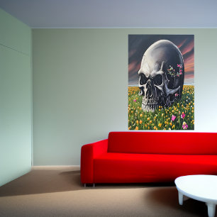 A skull on a field of flower   AI Art Poster