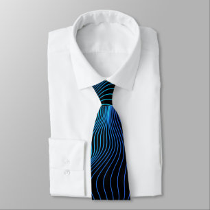 A sleek necktie features dynamic blue and teal