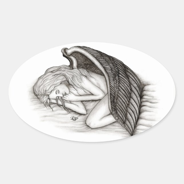 A sleeping Angel , Black and white Design Oval Sticker (Front)