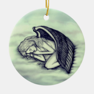 A sleeping Angel on the heavens clouds in green Ceramic Tree Decoration