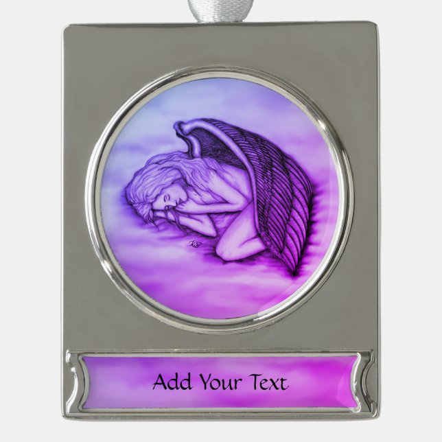 A sleeping Angel on the heavens clouds in pink Silver Plated Banner Ornament (Front)