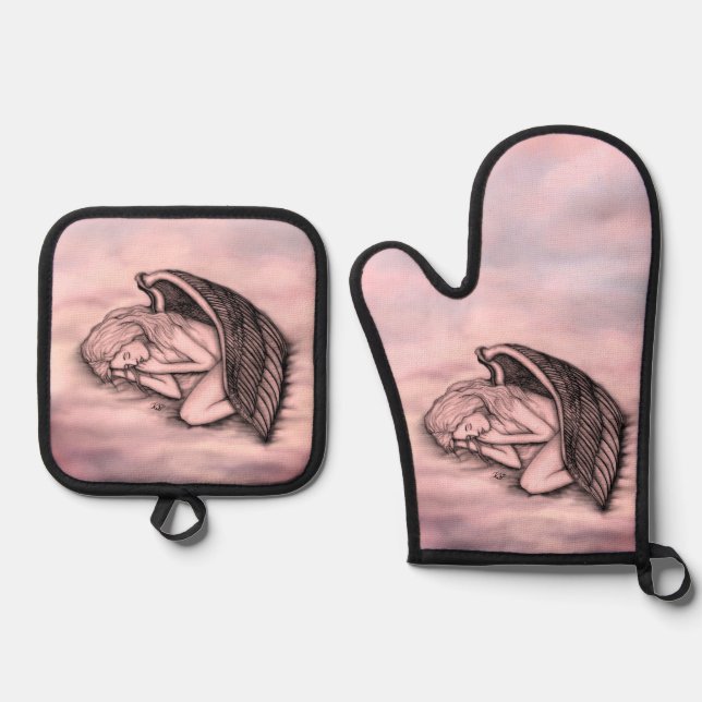 A sleeping Angel on the heavens clouds Oven Mitt & Pot Holder Set (Front)