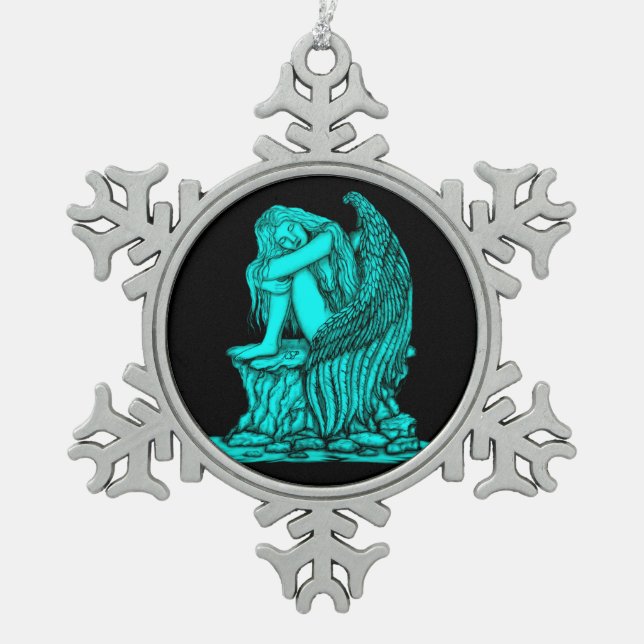 A sleeping Angel on the Stone Snowflake Pewter Christmas Ornament (Front)