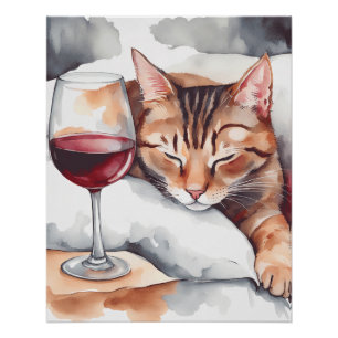 A Sleeping Cat And Red Wine Glass, Cat Lover Poster