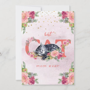 A sleepy cat in the middle of the flowers holiday card