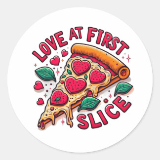A slice of pizza saying Love At First Slice  Classic Round Sticker