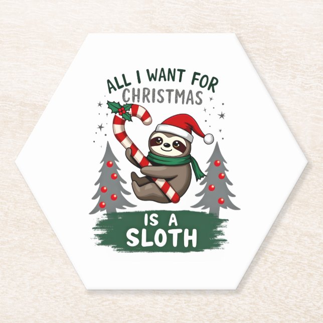 A Sloth For Christmas. Cute, Christmas Sloth With  Paper Coaster (Front)