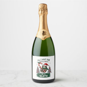 A Sloth For Christmas. Cute, Christmas Sloth With Sparkling Wine Label
