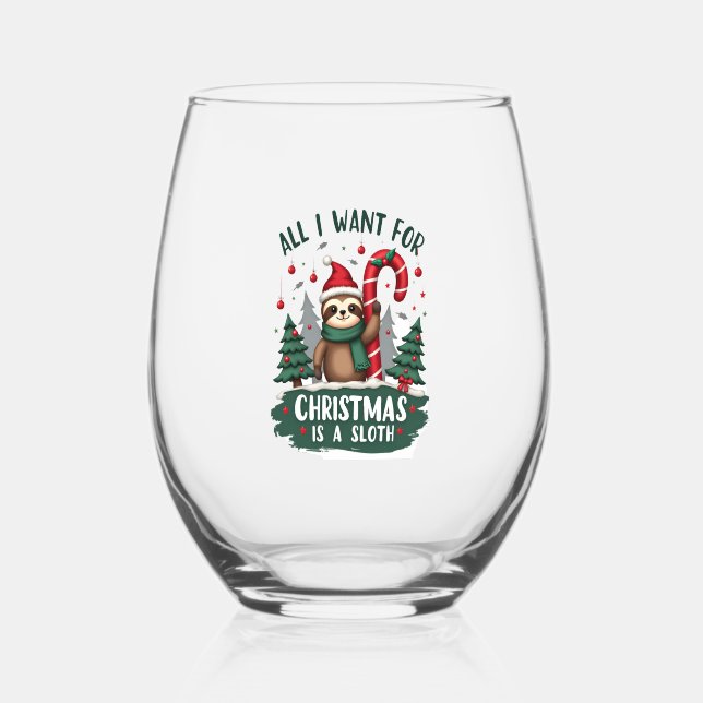 A Sloth For Christmas. Cute, Christmas Sloth With  Stemless Wine Glass (Front)