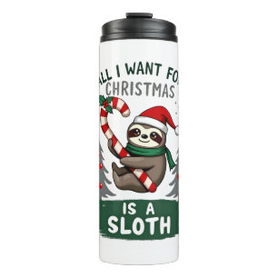 A Sloth For Christmas. Cute, Christmas Sloth With Thermal Tumbler