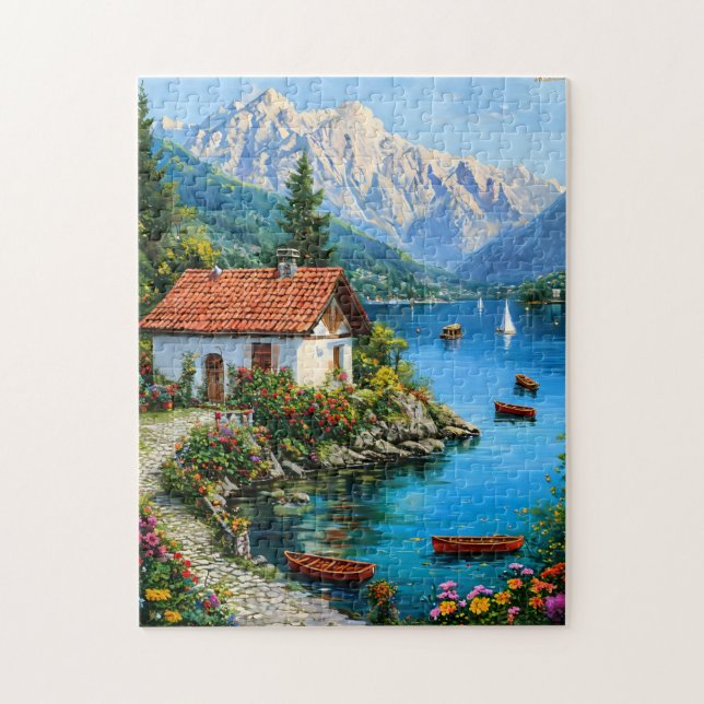 A small house on the background of a mountain lake jigsaw puzzle (Vertical)