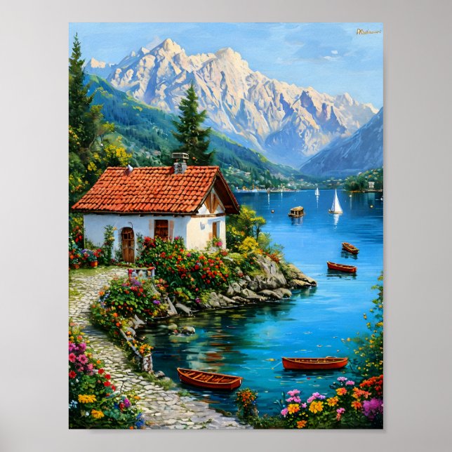 A small house on the background of a mountain lake poster (Front)